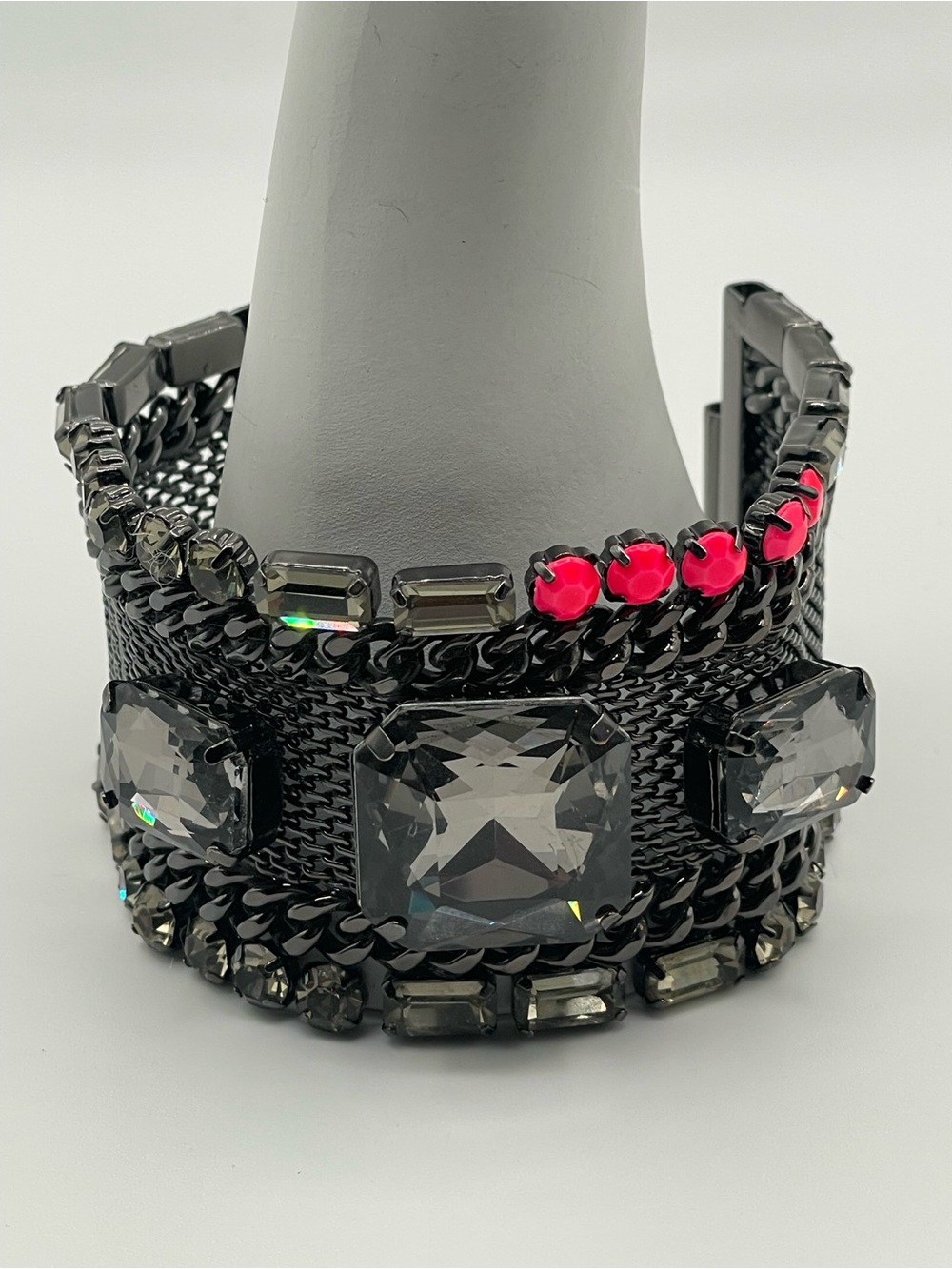 Y2K Juicy Couture Gunmetal Mesh Chain Cuff Bracelet with Gray & Hot Pink Accents